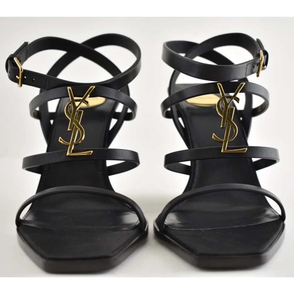 Saint Laurent YSL Logo Cassandra 90 Black Ankle Strap Wedge Sandal Heel 38.5